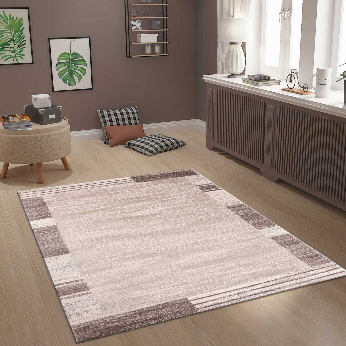 Modern designer rug with abstract pattern in beige brown border edge