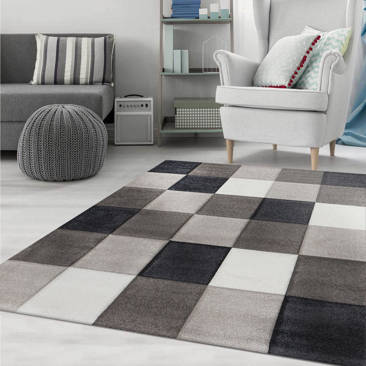 Short-pile rug living room checkered grey anthracite cream beige soft durable contour cut