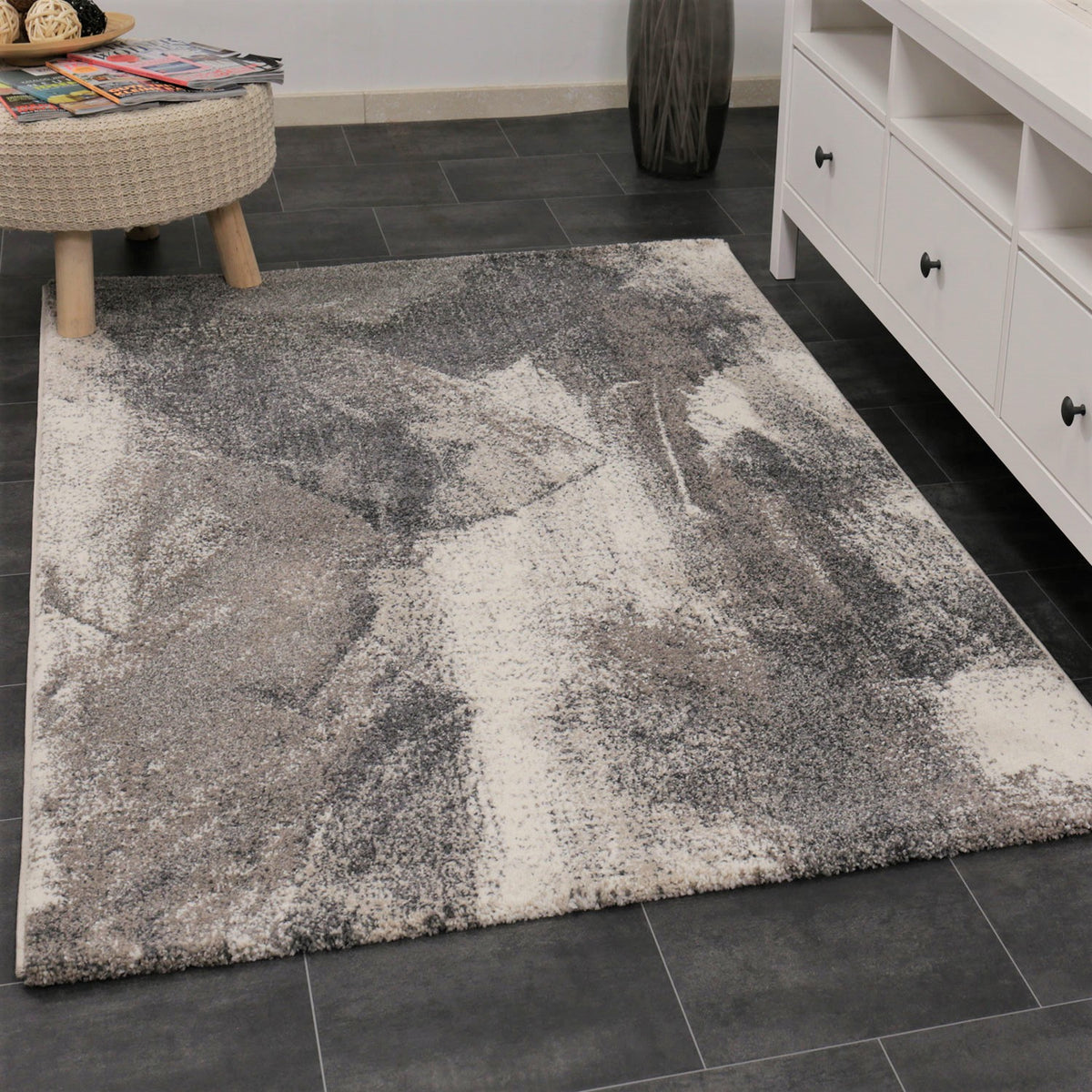 Designer rug with abstract pattern in gray and beige