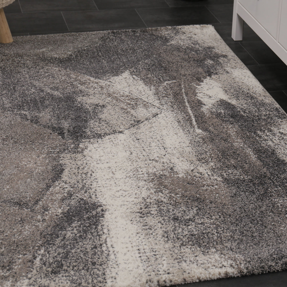 Designer rug with abstract pattern in gray and beige
