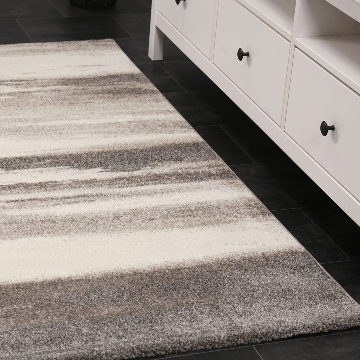 Modern designer rug with abstract stripe pattern in gray and beige