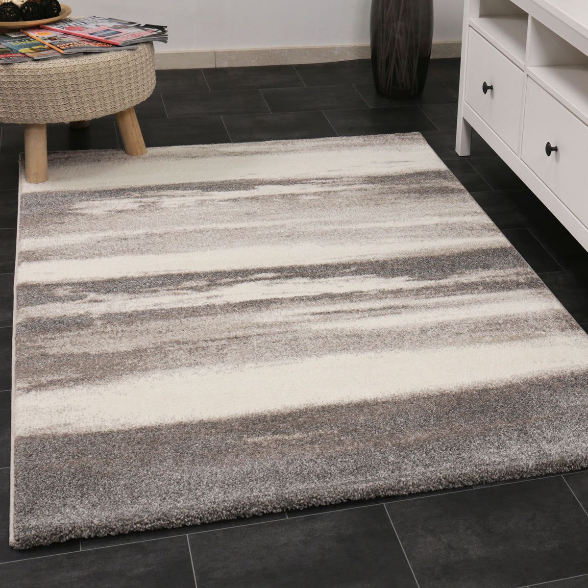 Modern designer rug with abstract stripe pattern in gray and beige