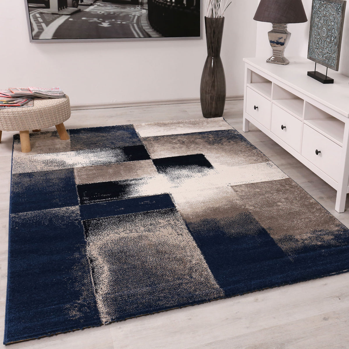Geometric Abstract Rug Blue and Beige Pattern