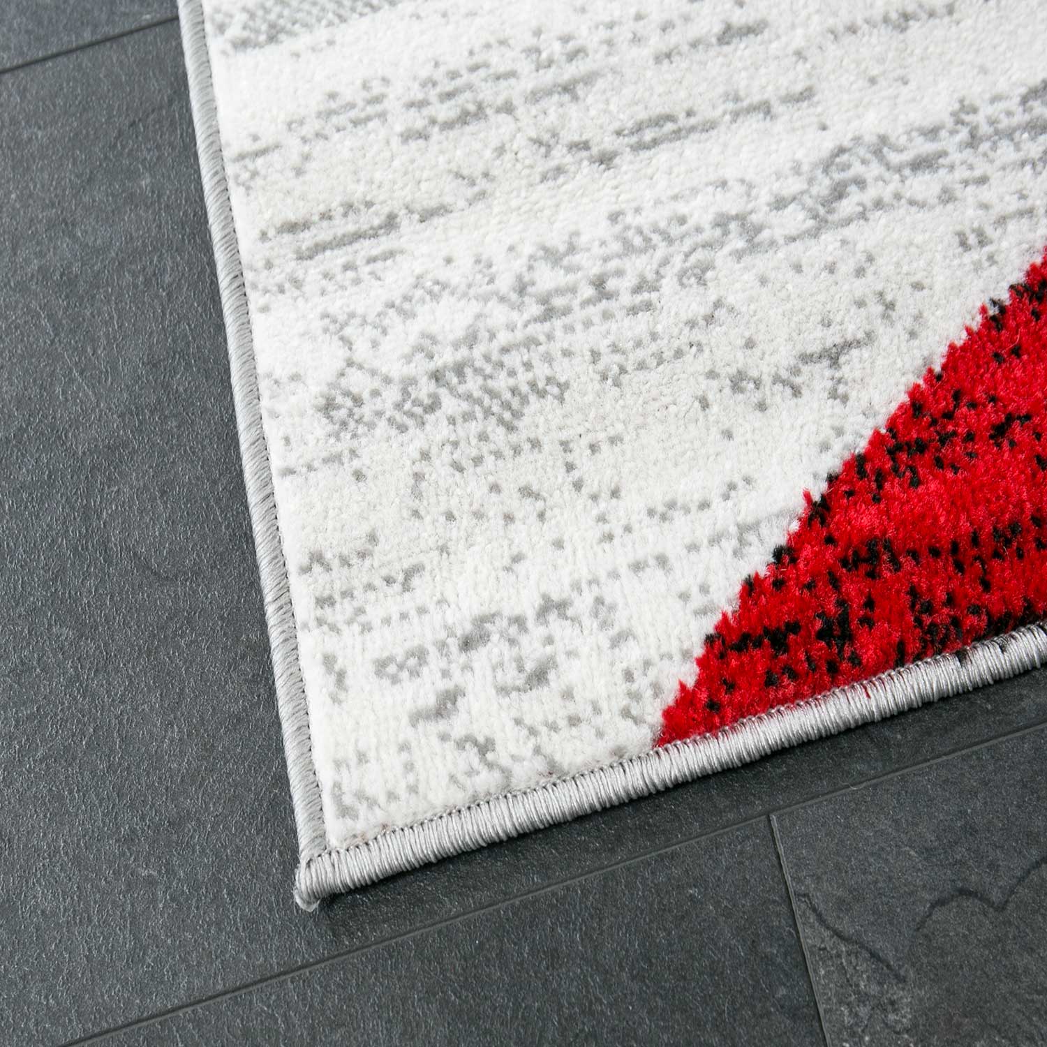 Geometric patterned rug in red, grey, white, and black, short pile, for living room-5
