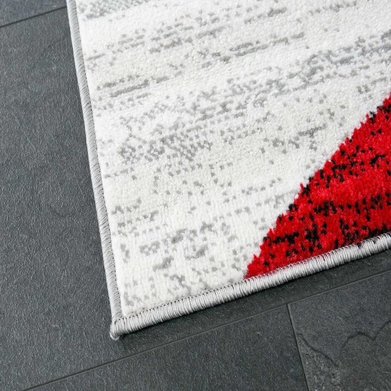 Geometric patterned rug in red, grey, white, and black, short pile, for living room-zoom-