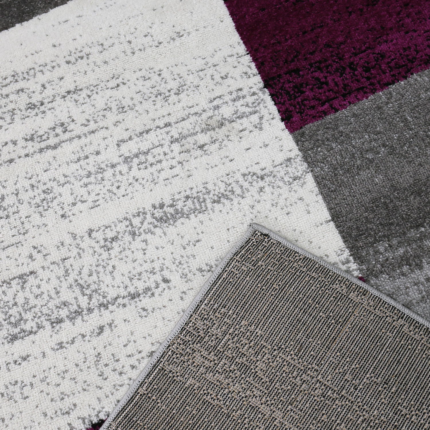 Rug with geometric tile pattern, mottled checkered in purple, grey, white and black-3