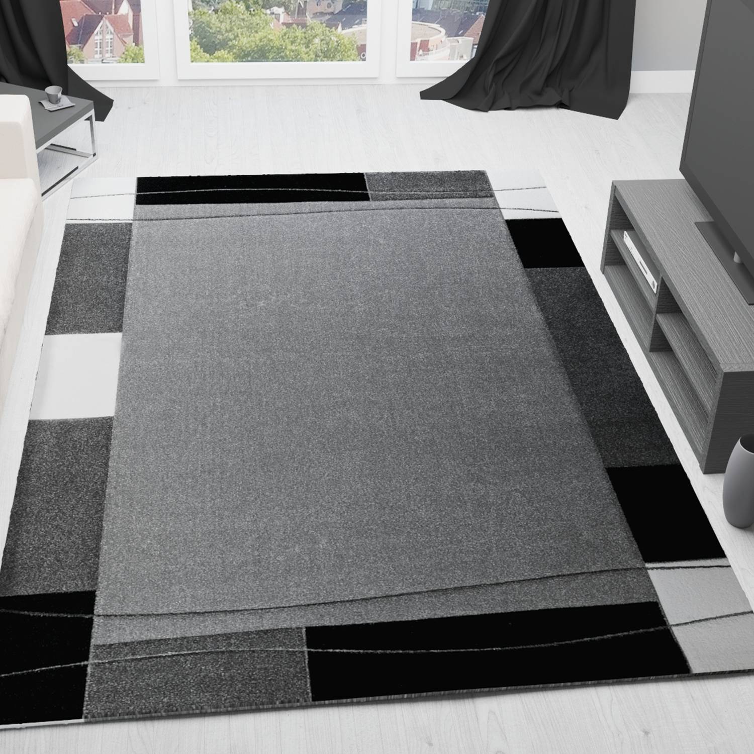 Modern classic short-pile rug, densely woven with a border motif in grey, white, and black, and contour cut.-1