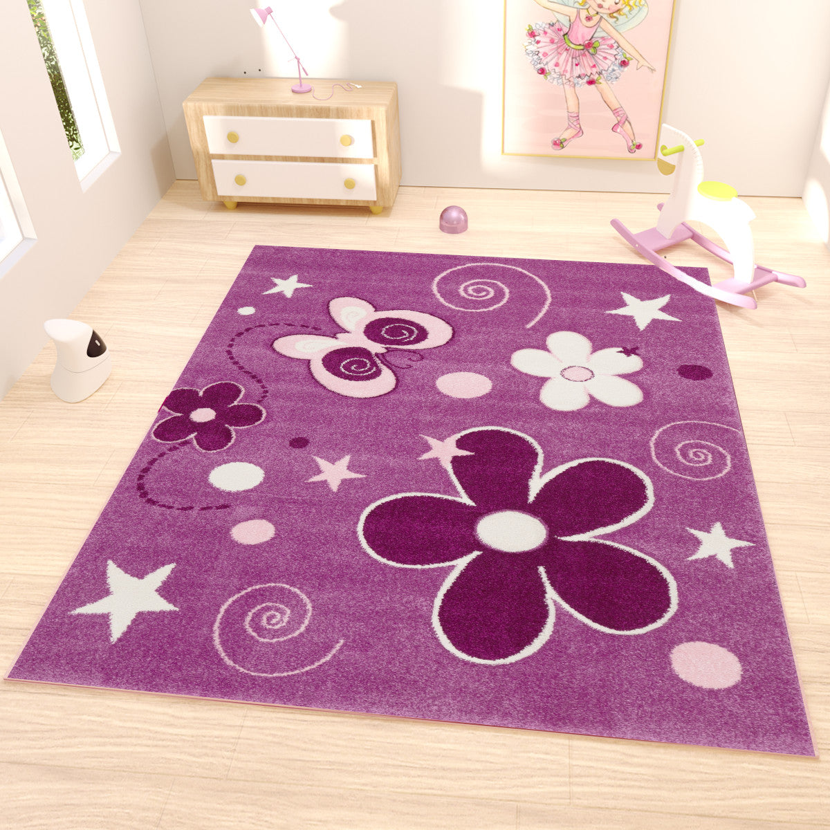 Children's Rug Purple Flowers Stars Butterfly - I6566