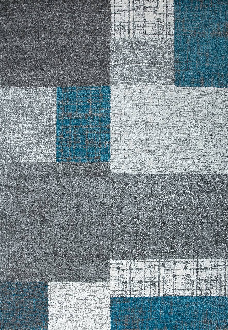 Designer short-pile rug in turquoise, grey and white with tile look for living room-2