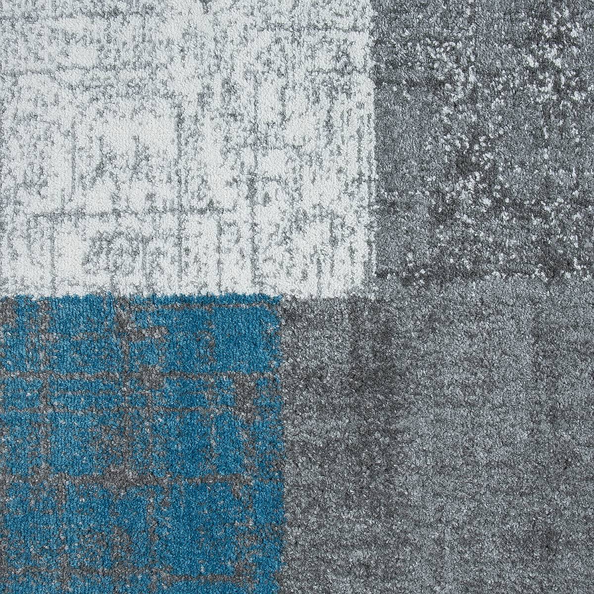Designer short-pile rug in turquoise, grey and white with tile look for living room-7