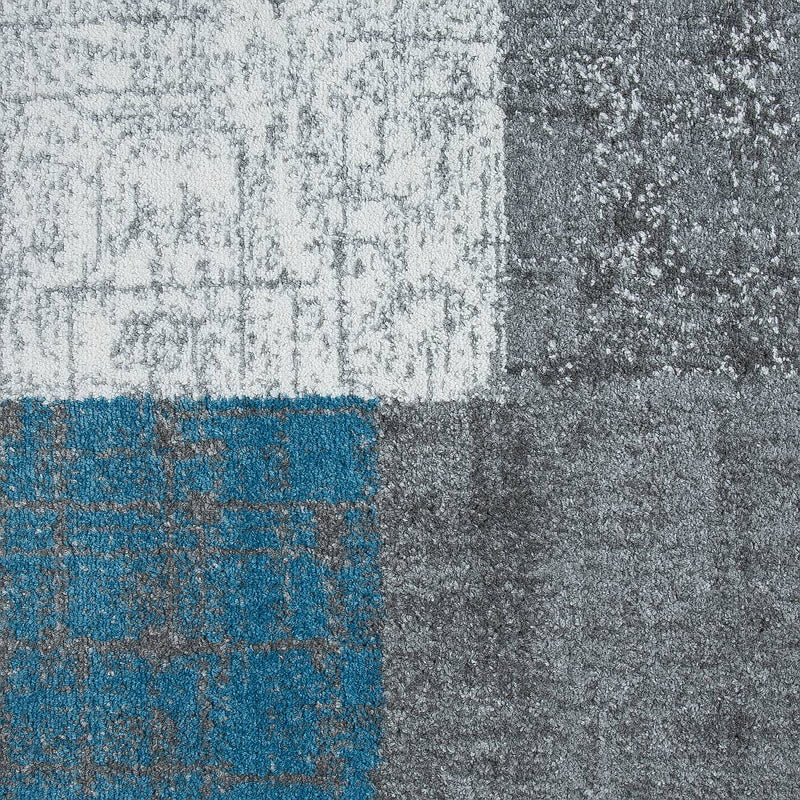 Designer short-pile rug in turquoise, grey and white with tile look for living room-zoom-