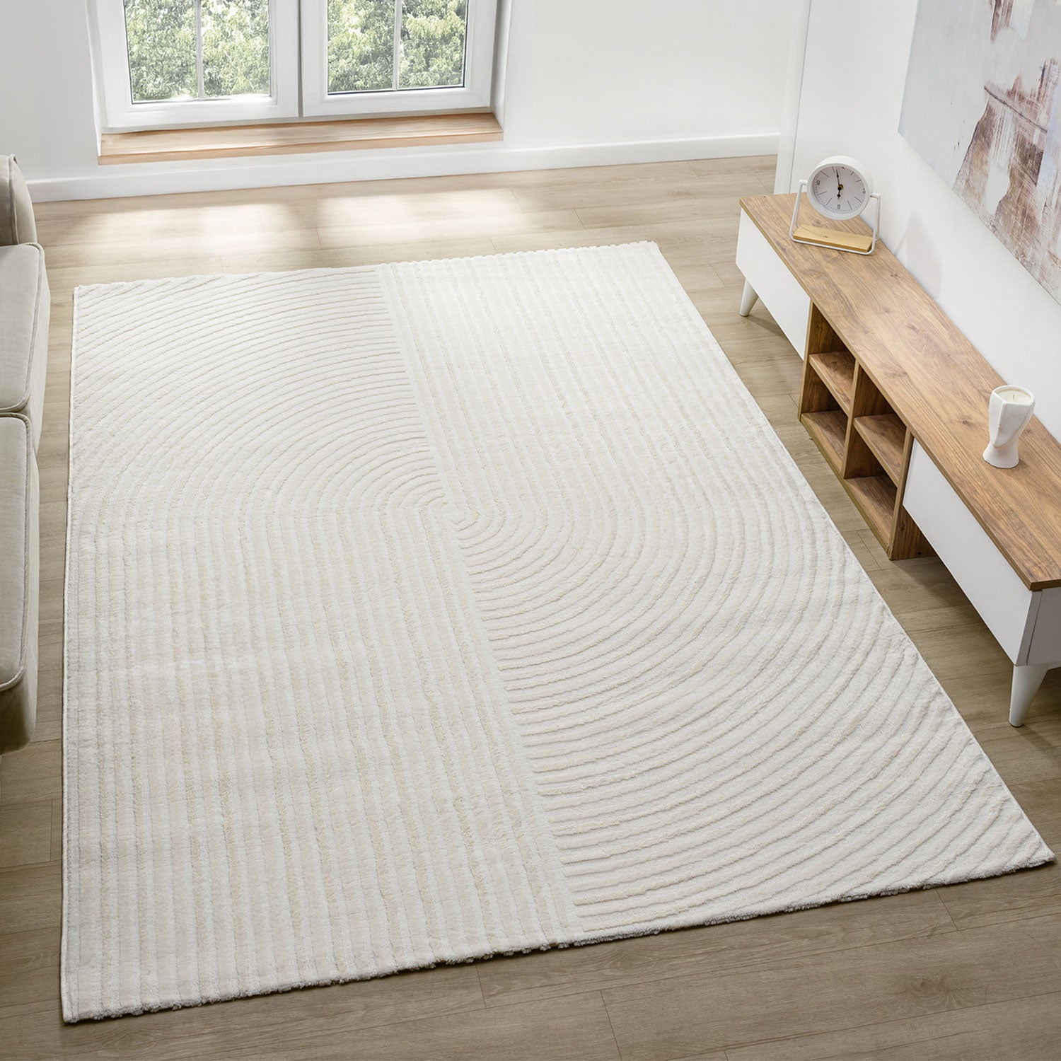 Modern short-pile rug, boho style, for living room or bedroom, thin with 3D high-low effect, easy to care for-zoom-3