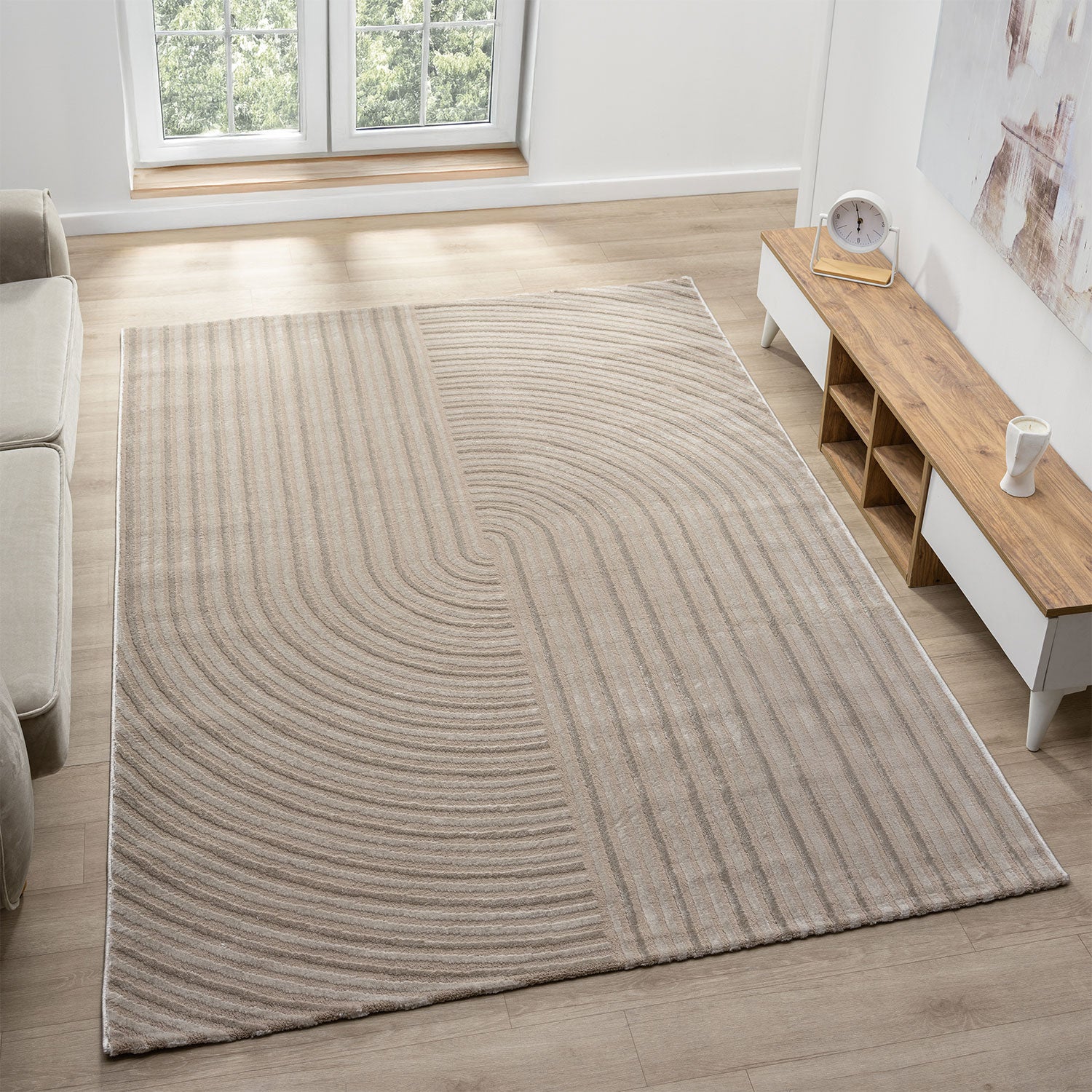 Modern short-pile rug, boho style, for living room or bedroom, thin with 3D high-low effect, easy to care for-19