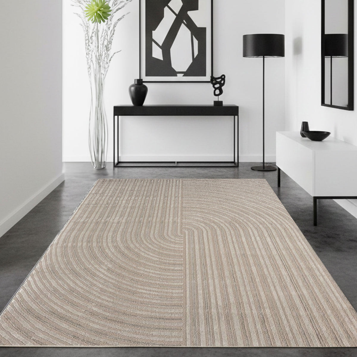Modern short-pile rug, boho style, for living room or bedroom, thin with 3D high-low effect, easy to care for
