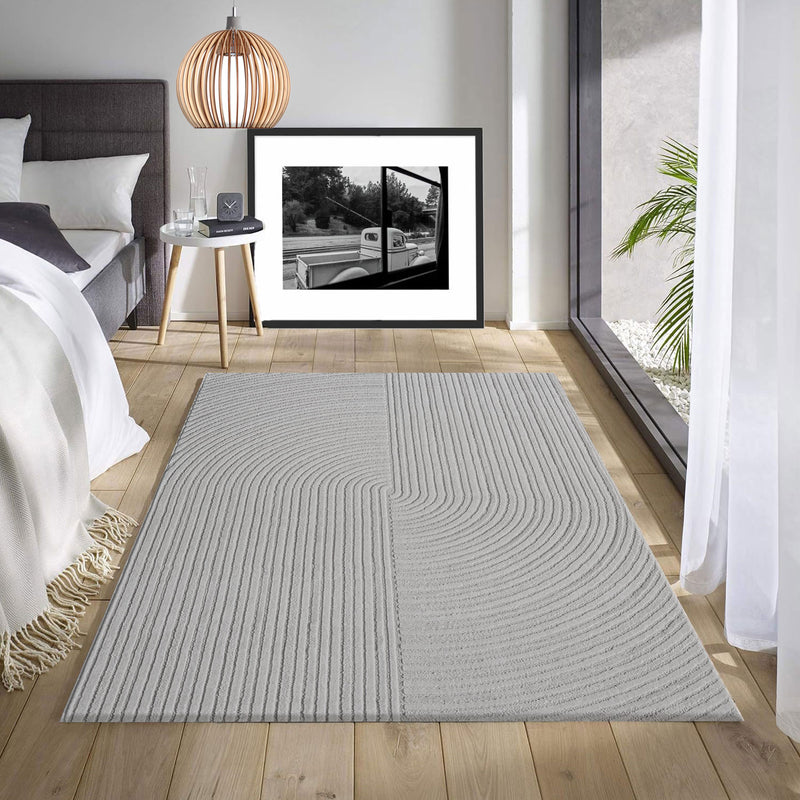 Modern short-pile rug, boho style, for living room or bedroom, thin with 3D high-low effect, easy to care for-zoom-