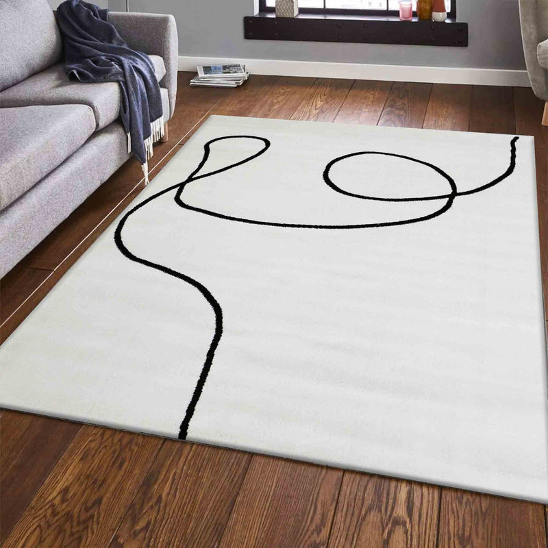 Modern one-line living room rug in cream/black, art design, short pile-zoom-