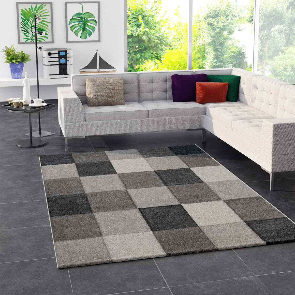Short-pile rug living room checkered grey anthracite cream beige soft durable contour cut