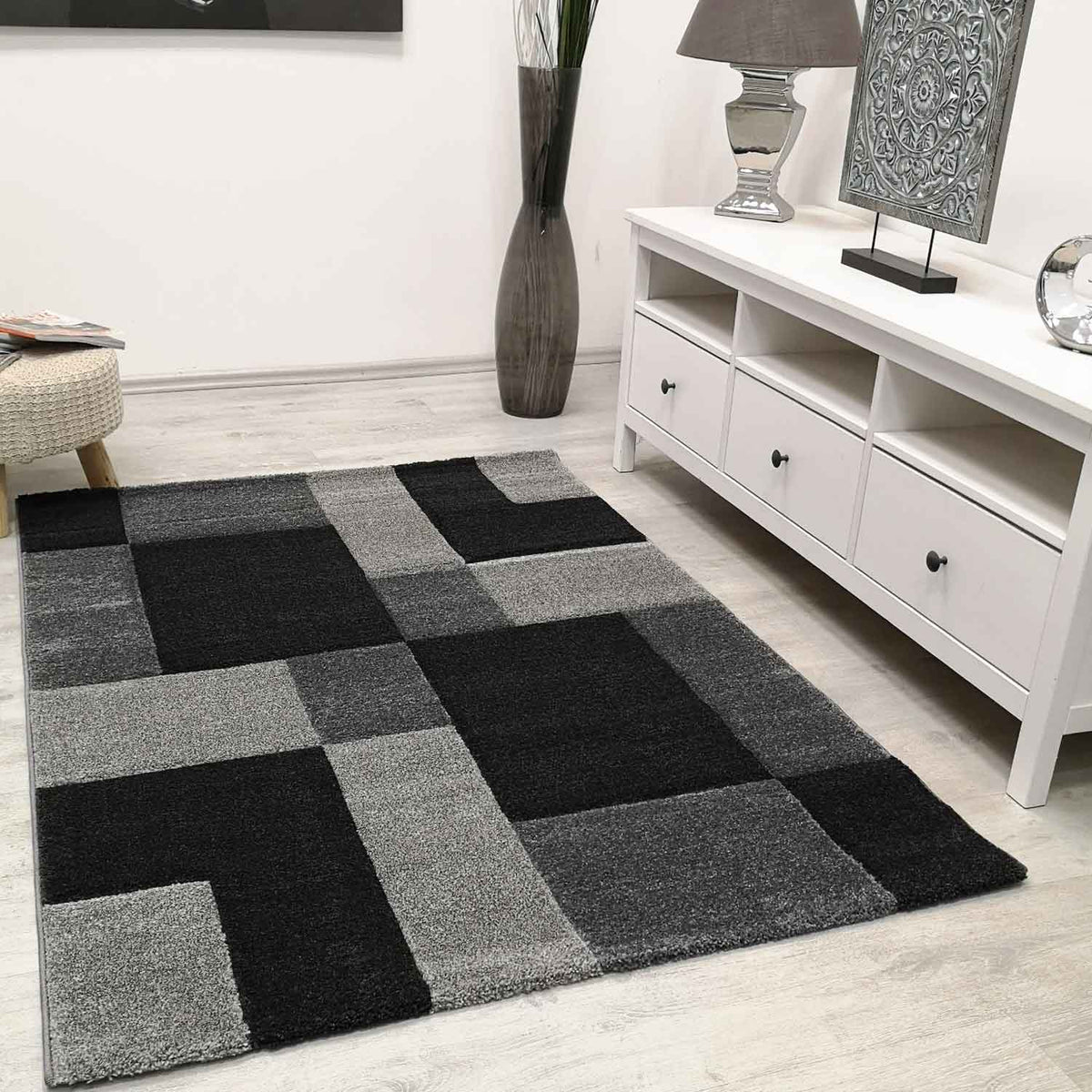 Modern Rug Checked Anthracite Black White Patterned Carpet