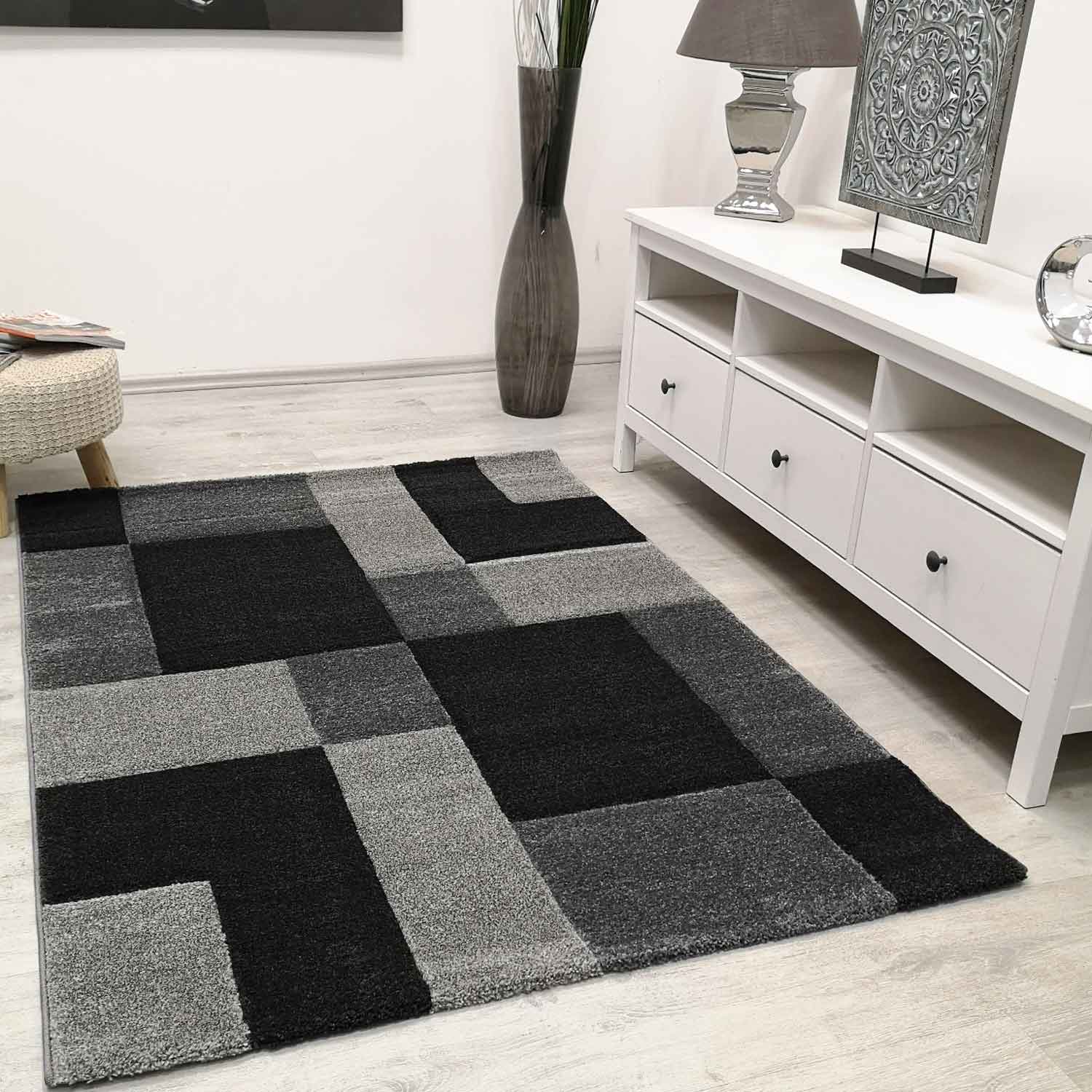 Moderner Teppich Kariert Anthrazit Schwarz Weiss Teppich Muster-1