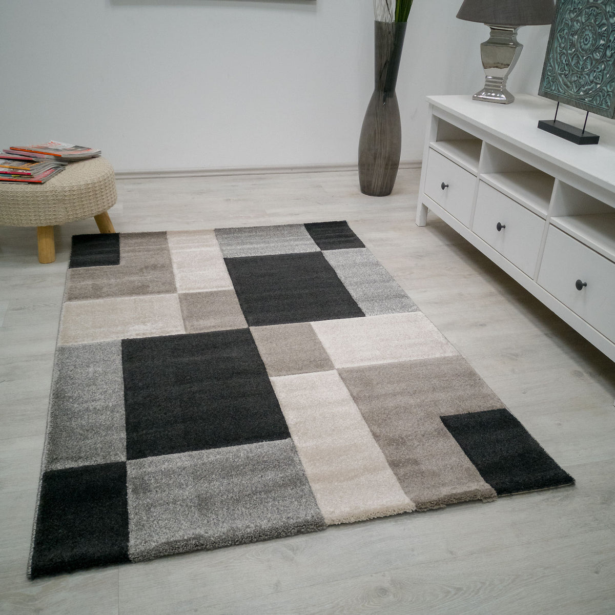 Modern Rug Checkered Grey Black White Patterned Carpet-2