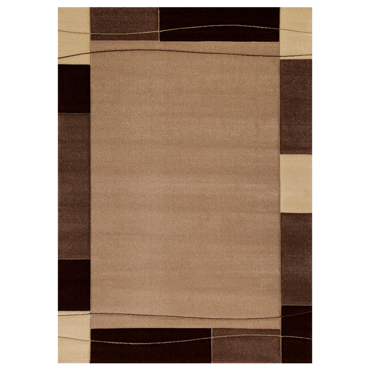 Modern classic rug for living room, short pile, tightly woven with border motif, brown and beige, and contour cut.
