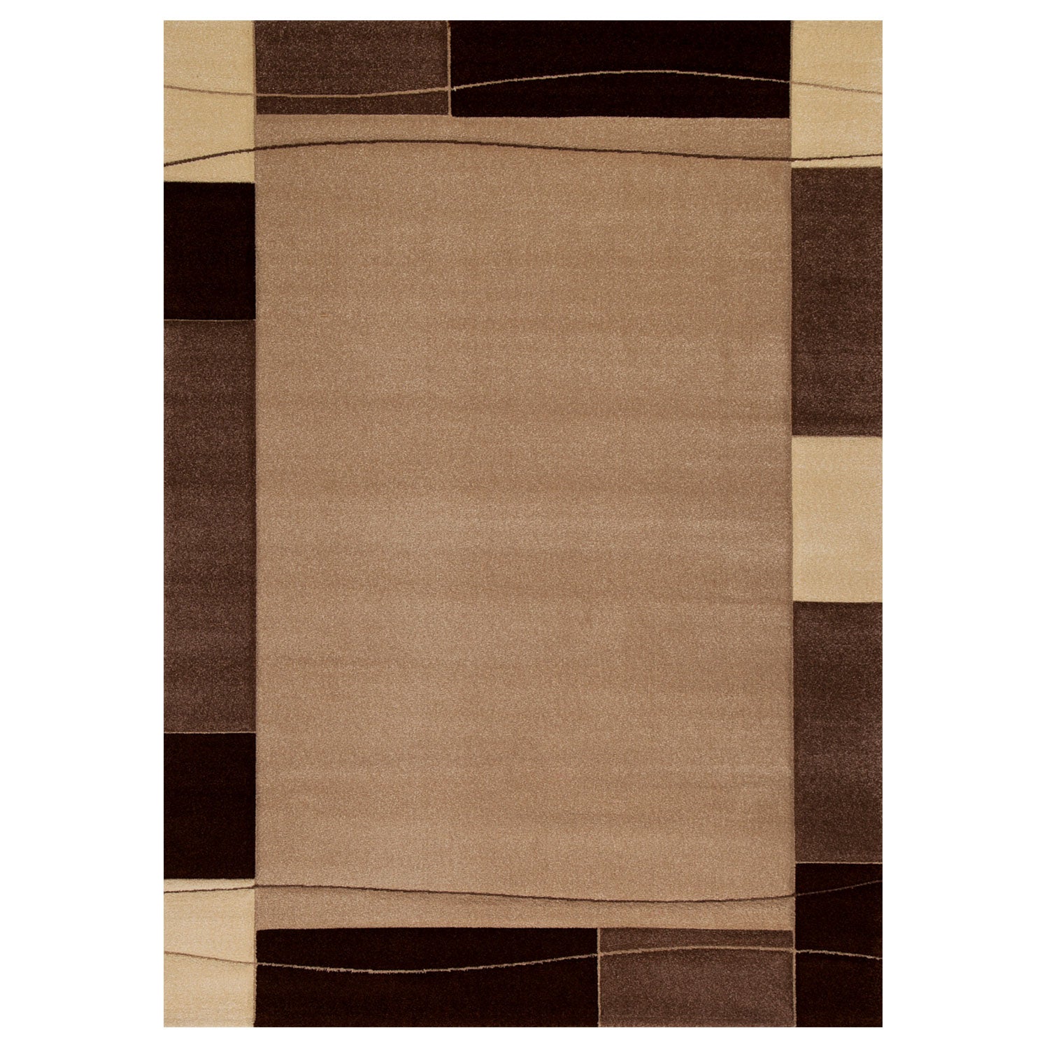 Modern classic rug for living room, short pile, tightly woven with border motif, brown and beige, and contour cut.-3