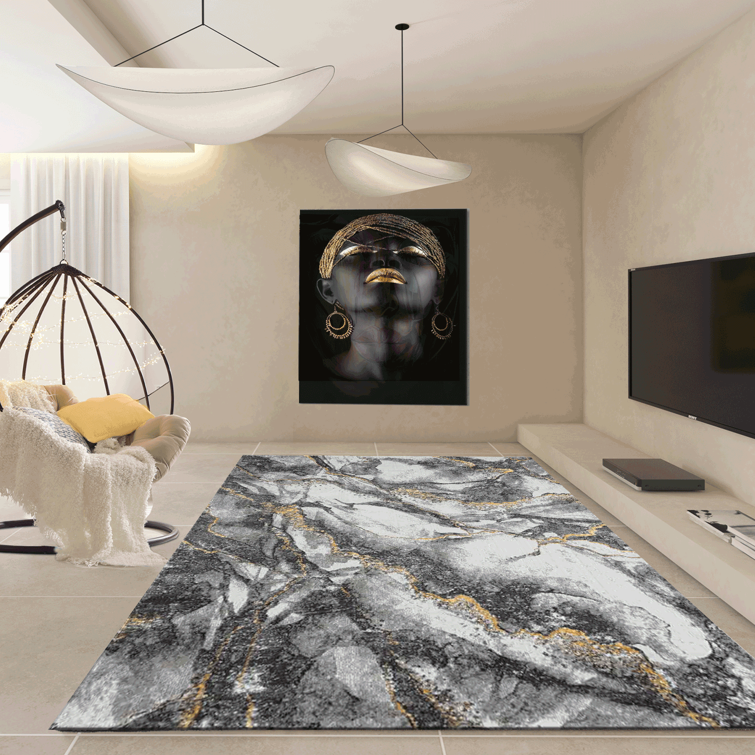 Modern rug with marble look in grey and gold tones for living room-zoom-1