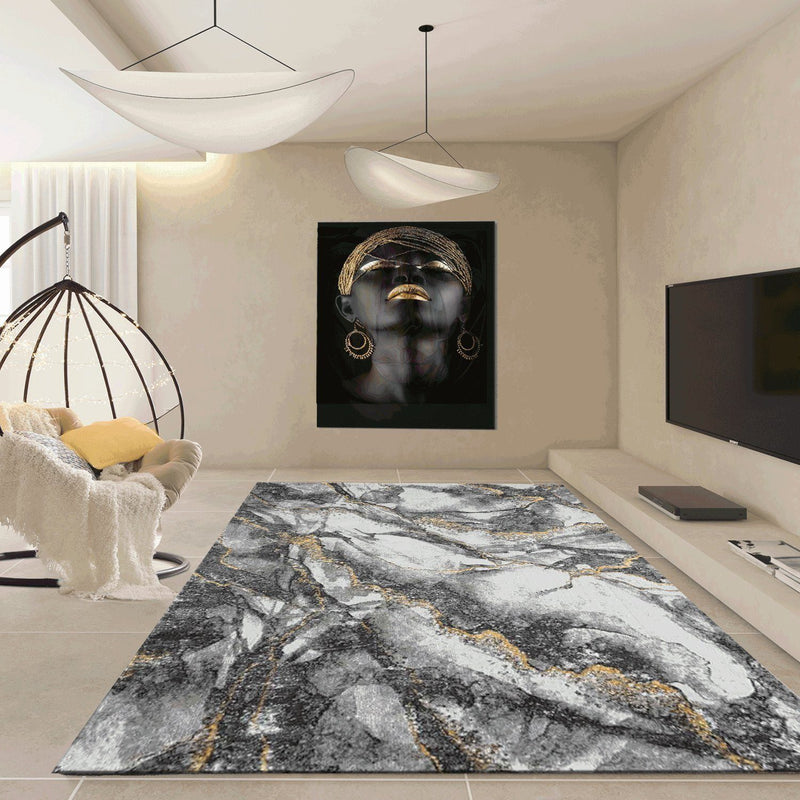 Modern rug with marble look in grey and gold tones for living room-zoom-