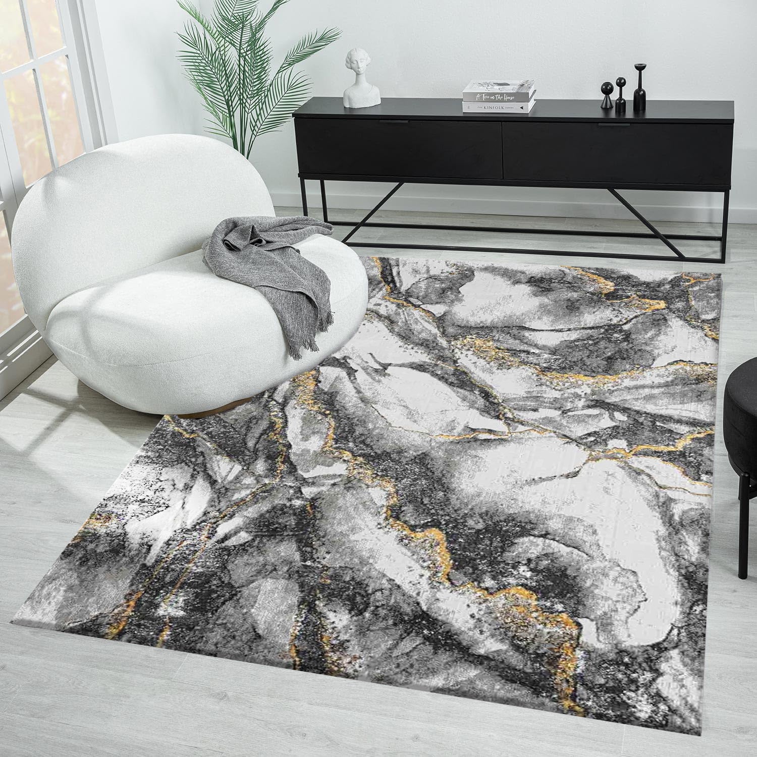 Modern rug with marble look in grey and gold tones for living room-zoom-2