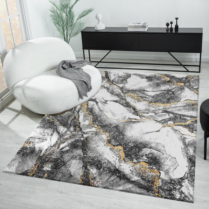 Modern rug with marble look in grey and gold tones for living room-zoom-