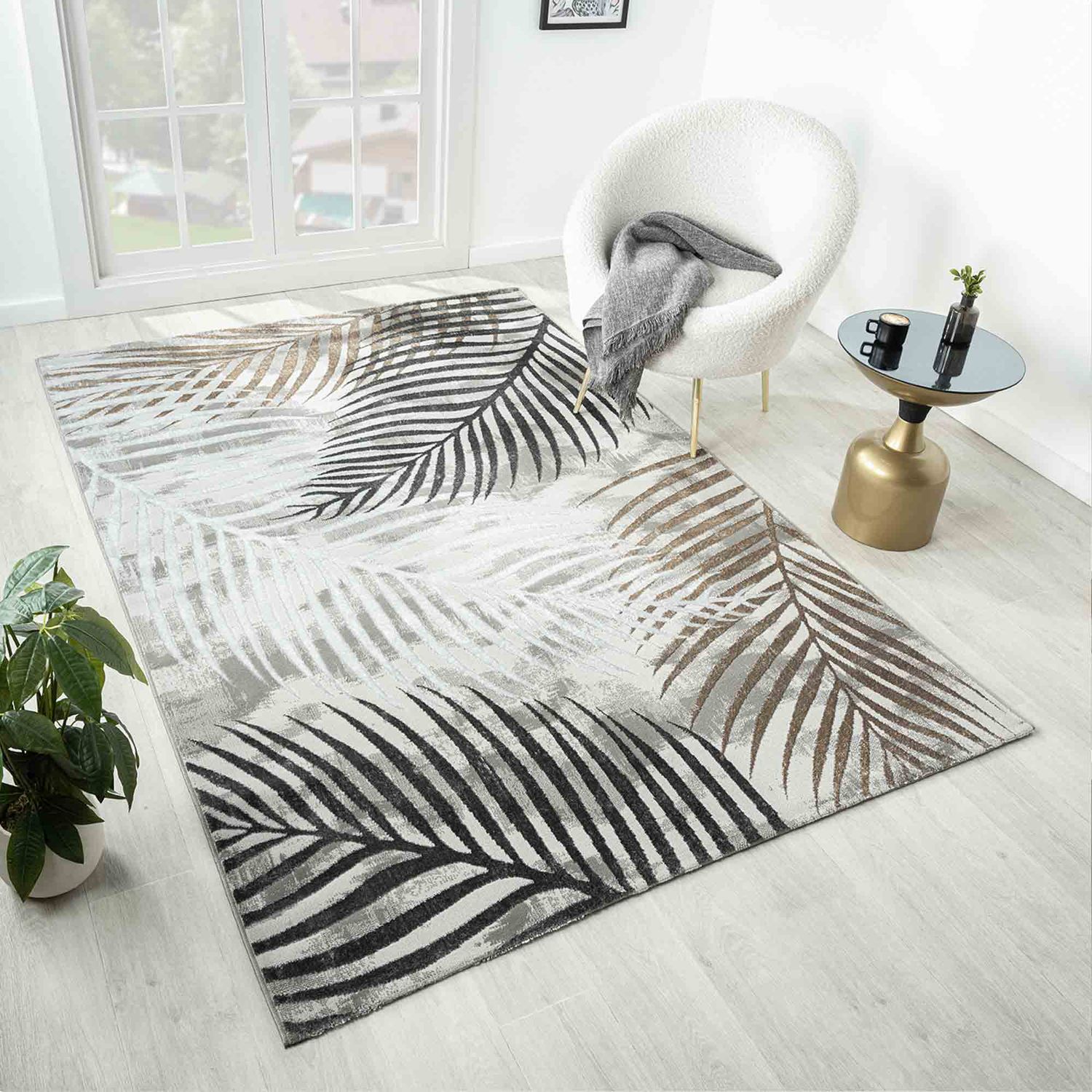 Carpet for living room/bedroom, short pile, palm tree pattern, modern, glittery flowers, lurex
