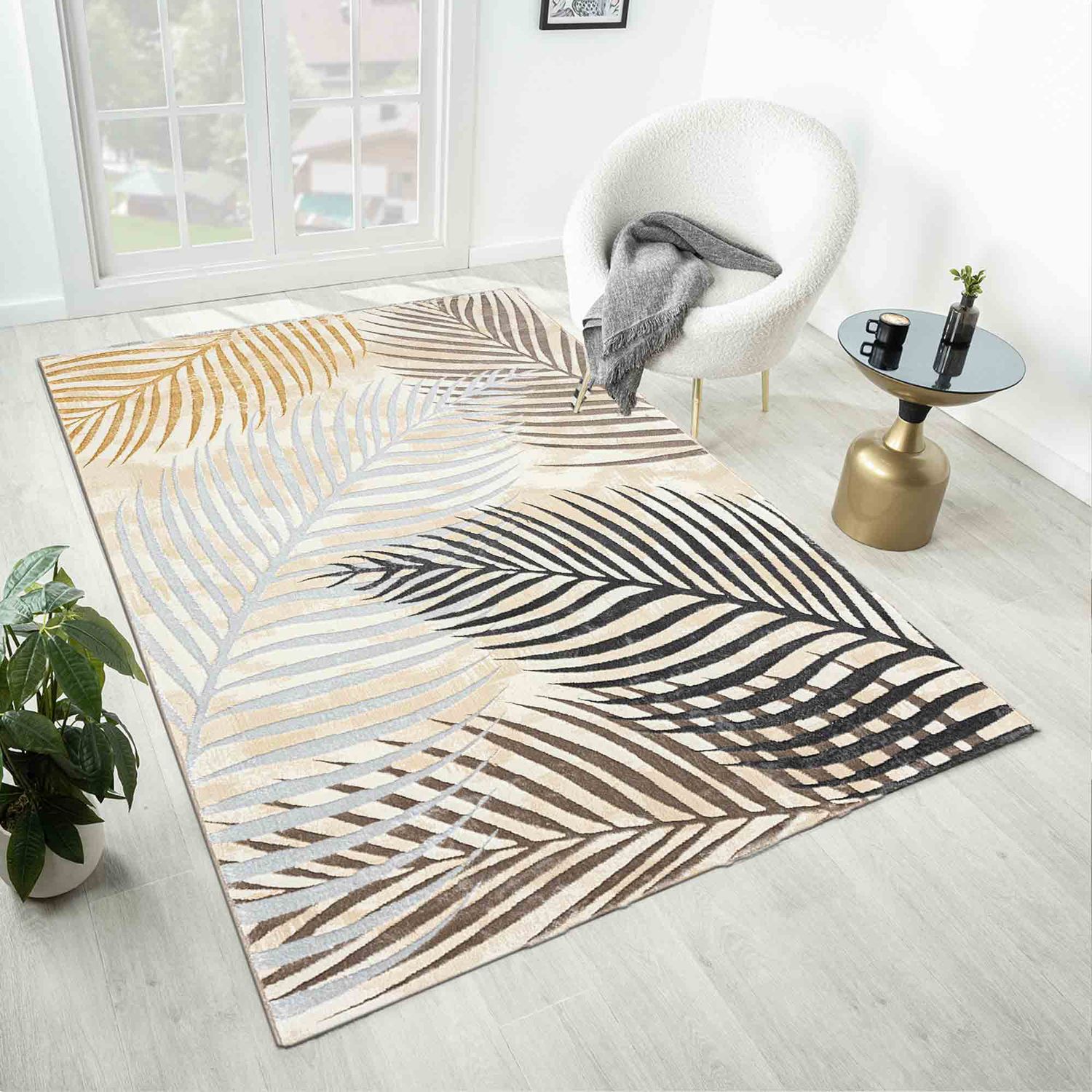 Carpet for living room/bedroom, short pile, palm tree pattern, modern, glittery flowers, lurex-zoom-5