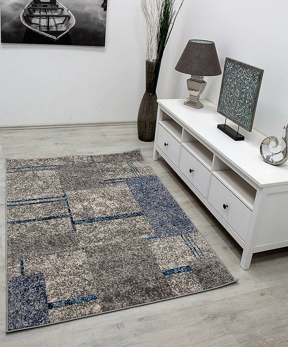 Modern checkered abstract design rug in grey and blue mottled with color gradient for living room or youth room-5