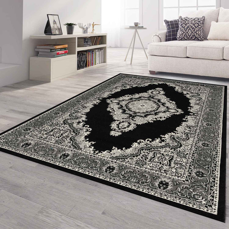 Oriental rug, grey and black, classic ornament, densely woven, short pile, colorfast-zoom-