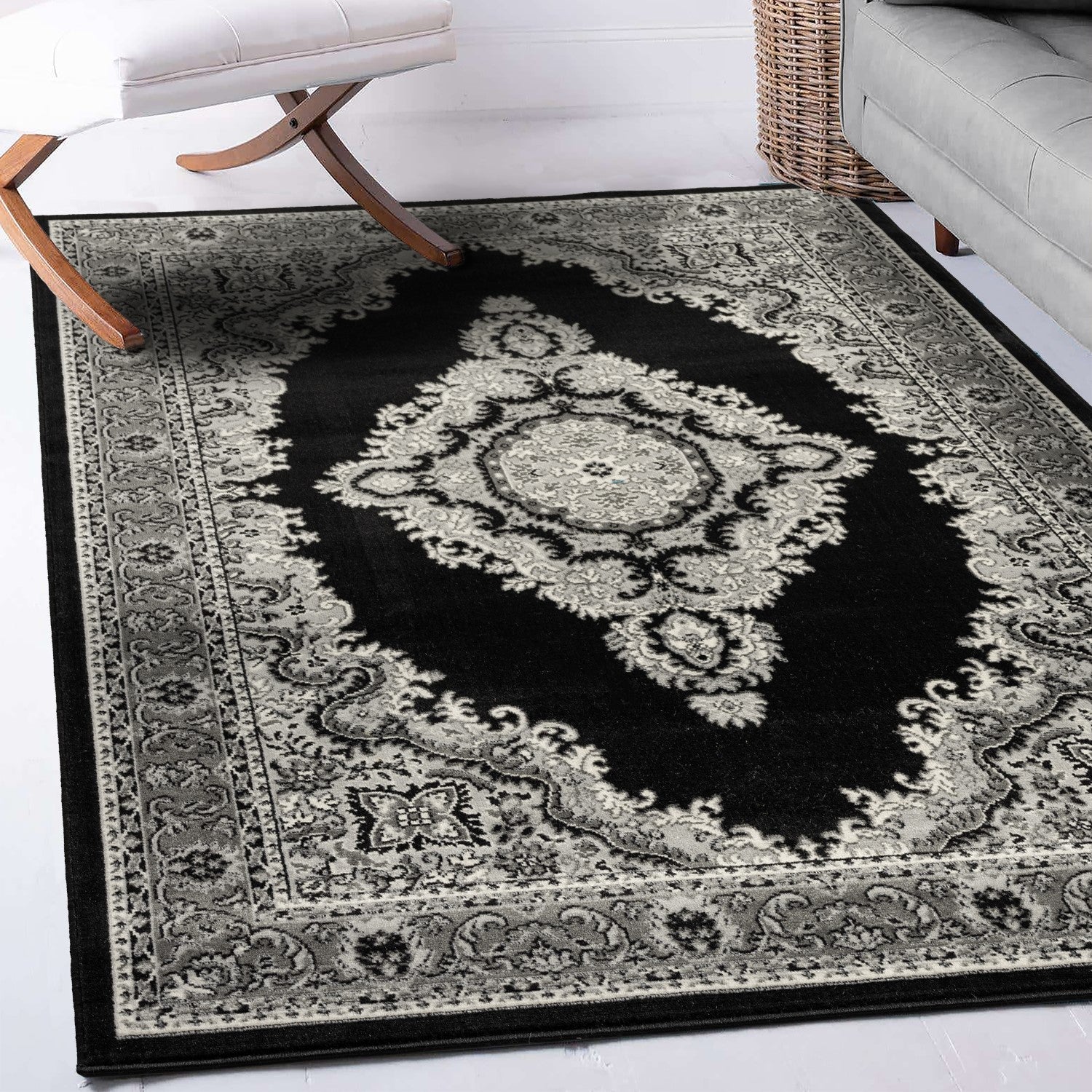 Oriental rug, grey and black, classic ornament, densely woven, short pile, colorfast-zoom-2