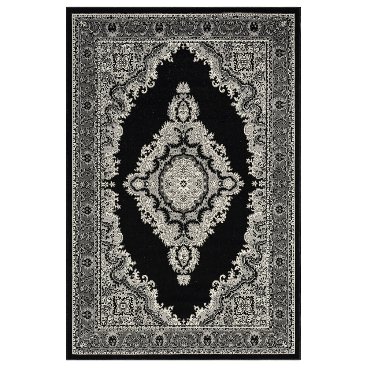Oriental rug, grey and black, classic ornament, densely woven, short pile, colorfast