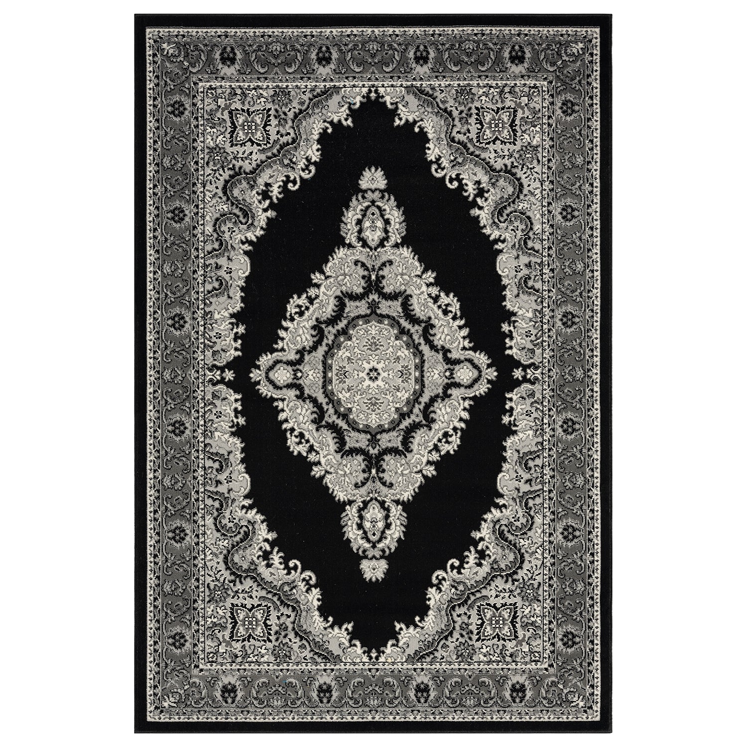Oriental rug, grey and black, classic ornament, densely woven, short pile, colorfast-zoom-5