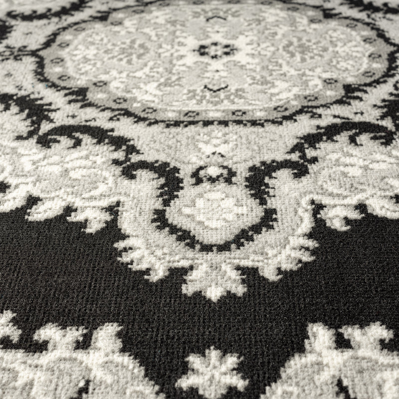 Oriental rug, grey and black, classic ornament, densely woven, short pile, colorfast-zoom-