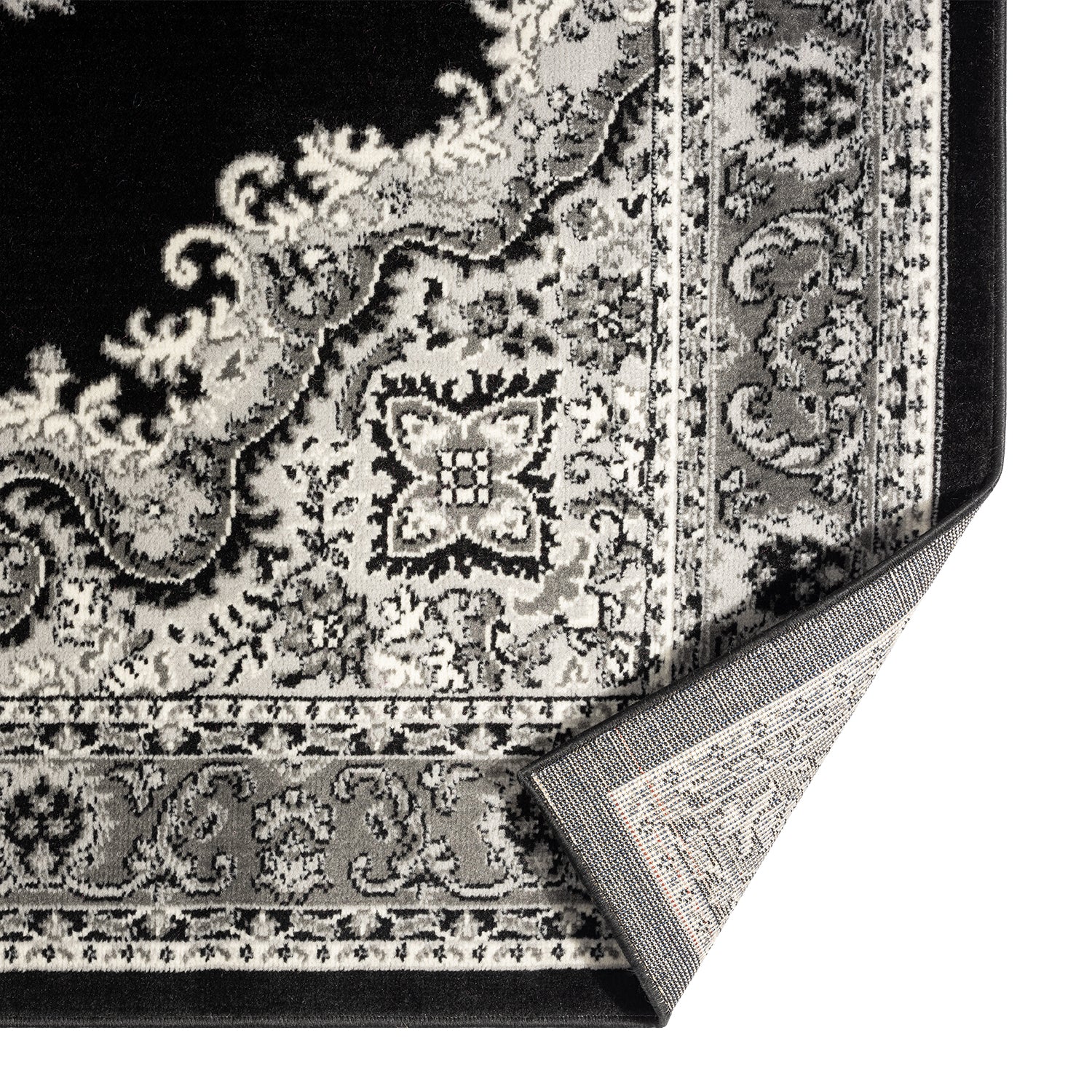 Oriental rug, grey and black, classic ornament, densely woven, short pile, colorfast-4