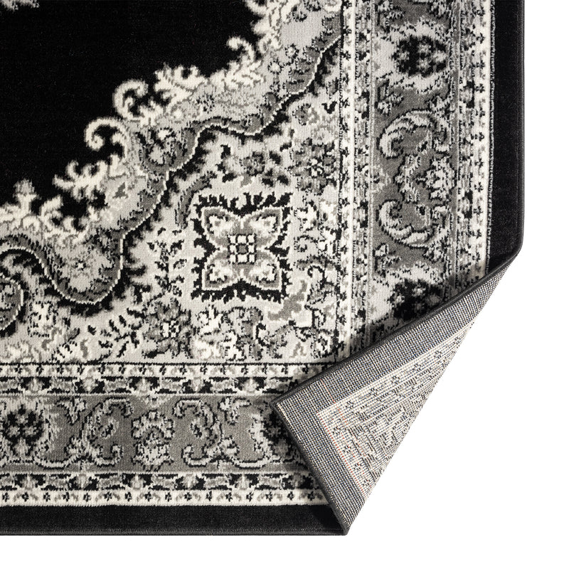 Oriental rug, grey and black, classic ornament, densely woven, short pile, colorfast-zoom-