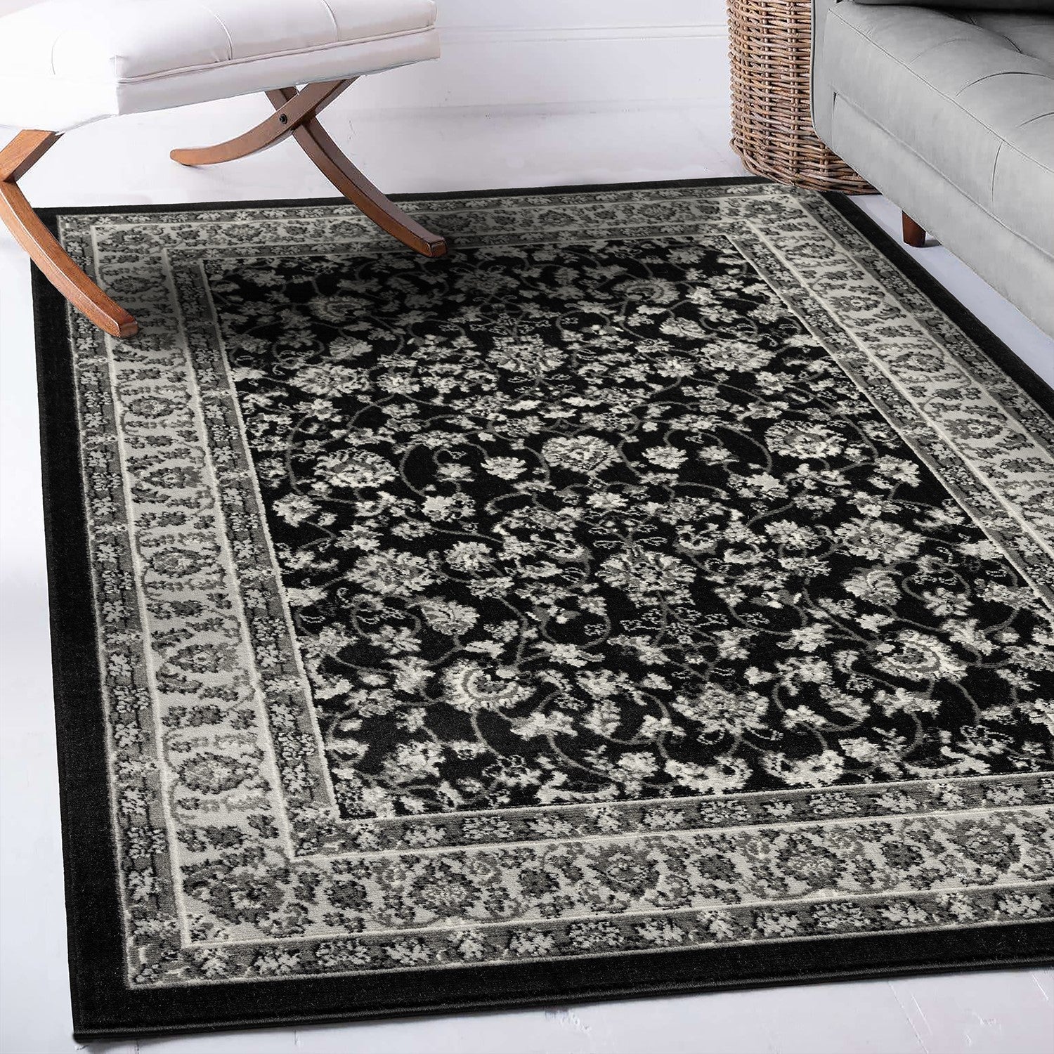 Oriental rug, grey and black, classically densely woven with ornament and floral motifs.-zoom-2