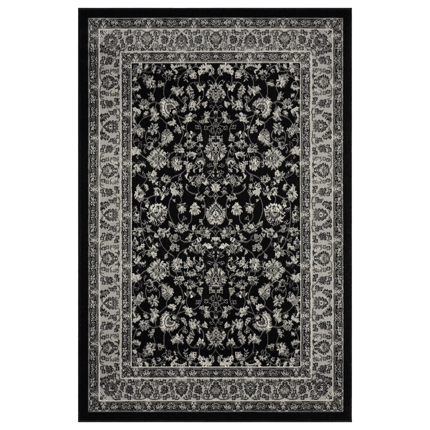 Oriental rug, grey and black, classically densely woven with ornament and floral motifs.