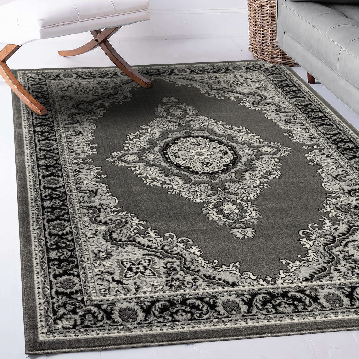 Oriental rug, grey and black, classic ornament, densely woven, short pile, colorfast
