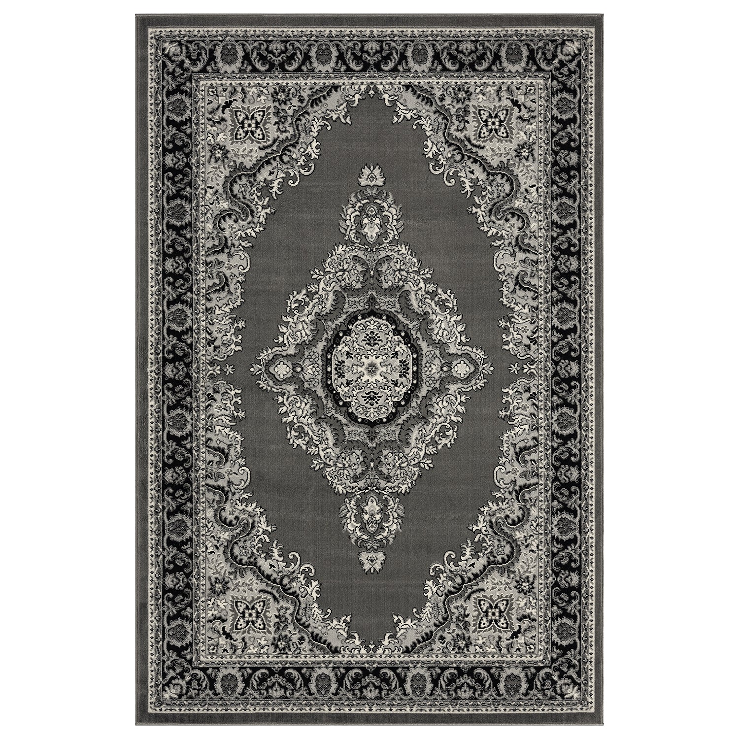Oriental rug, grey and black, classic ornament, densely woven, short pile, colorfast