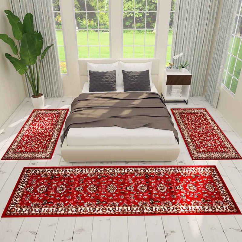 Oriental rug, red and beige, classically densely woven with ornament and floral motifs.-zoom-