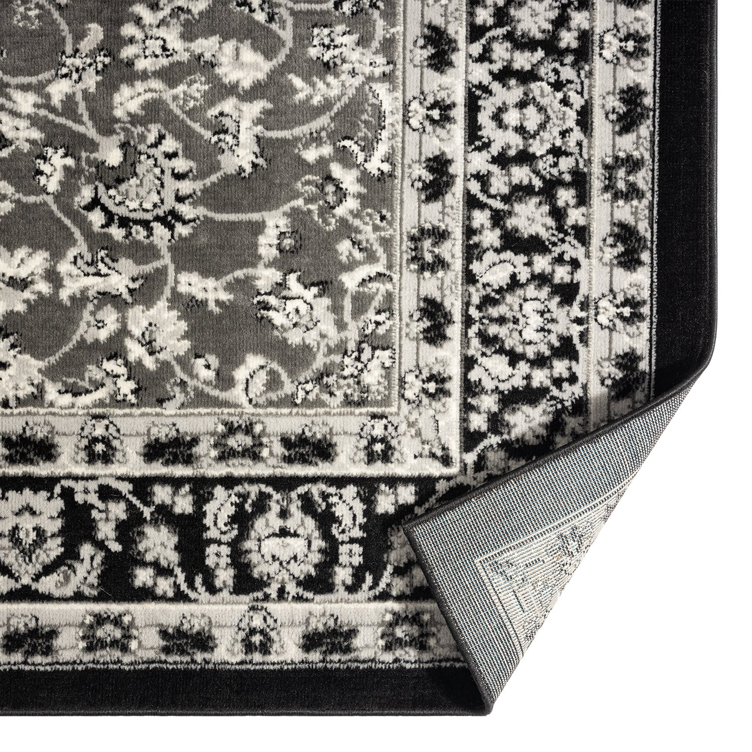 Oriental rug, grey and black, classically densely woven with ornament and floral motifs.-zoom-4