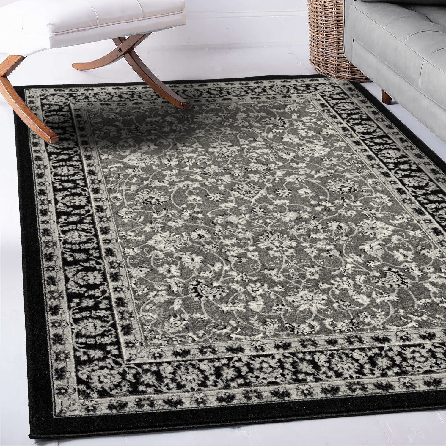 Oriental rug, grey and black, classically densely woven with ornament and floral motifs.-zoom-2