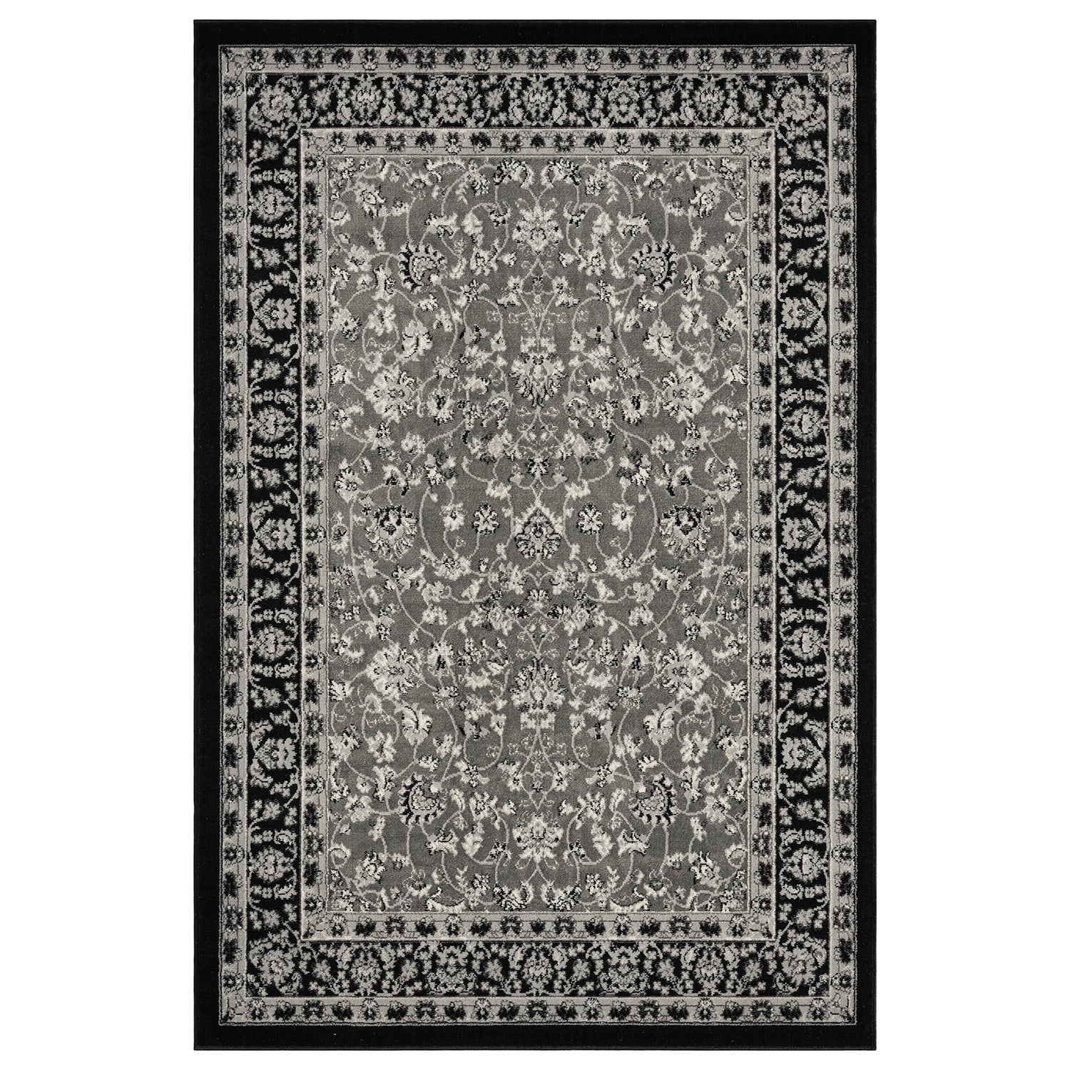 Oriental rug, grey and black, classically densely woven with ornament and floral motifs.-5