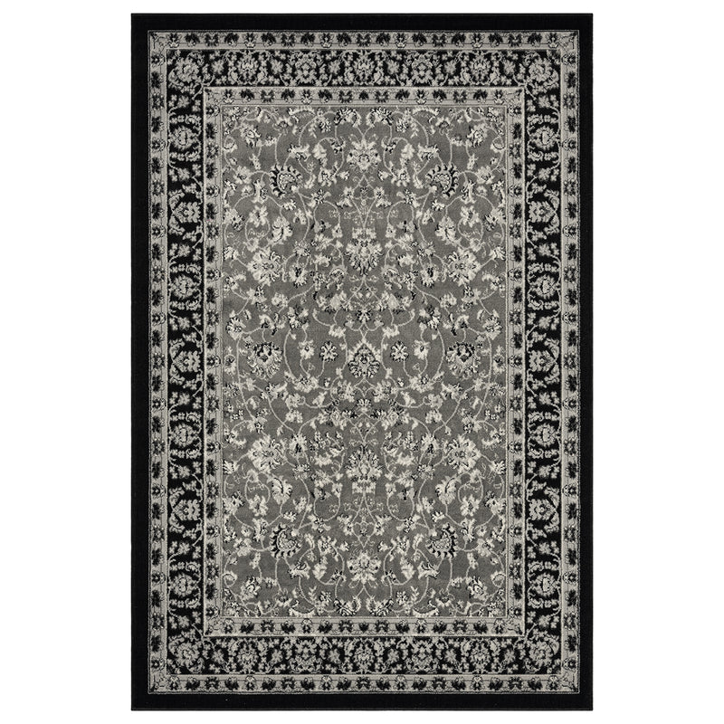 Oriental rug, grey and black, classically densely woven with ornament and floral motifs.-zoom-