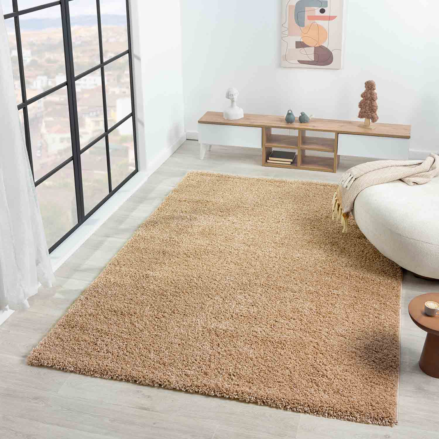 Prime Shaggy High Pile Long Pile Plain Modern Beige Rug for Living Room, Bedroom, Kitchen